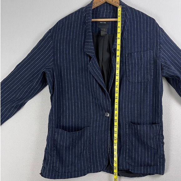 Smythe Navy Blue Pinstripe Linen Blend Blazer Jacket Womens Large Made in Canada - Picture 10 of 11